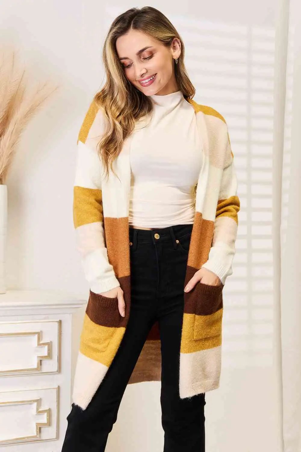 Woven Right Color Block Dropped Shoulder Cardigan - Image 1