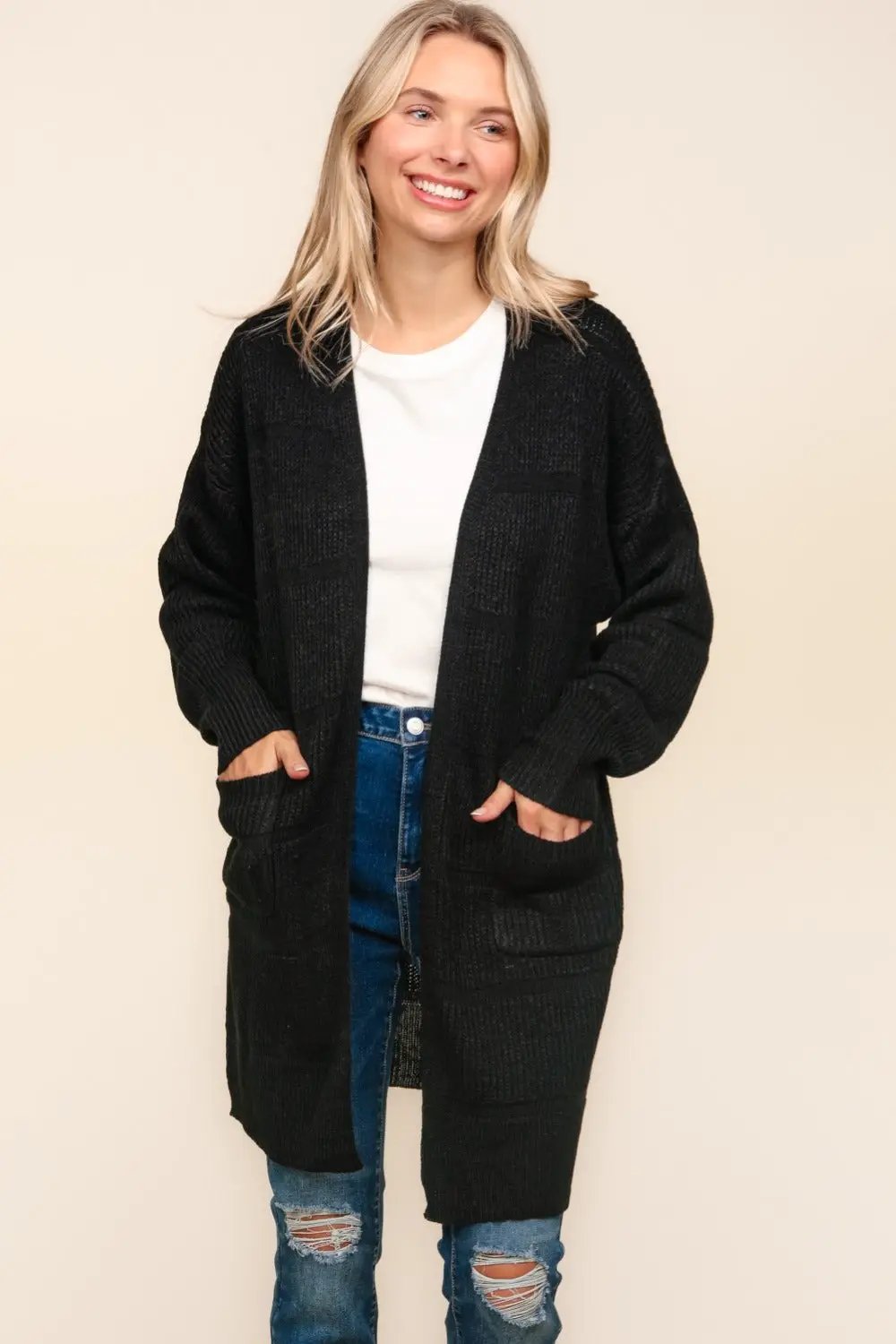 Haptics Stripe Textured Open Front Cardigan with Pockets - Image 3