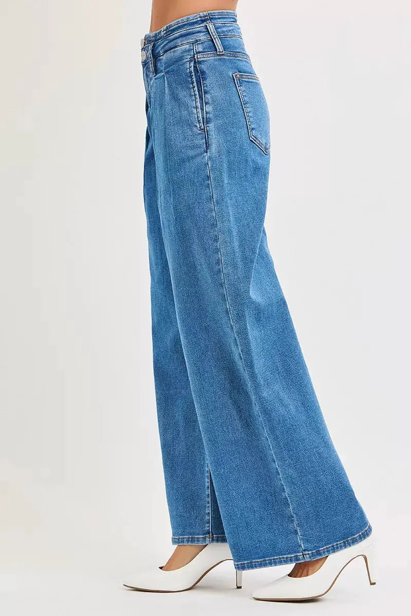 RISEN Full Size Mid Rise Fit Wide Leg with Pleated Detail Jeans Plus Size - Image 4