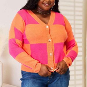 Woven Right Checkered V-Neck Dropped Shoulder Cardigan - Image 3