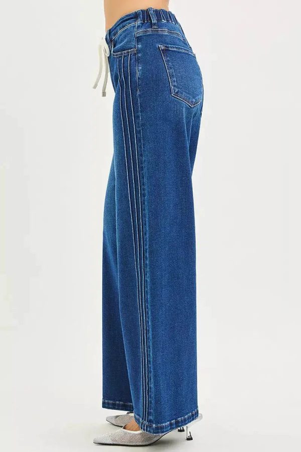 RISEN Full Size Mid Rise Wide Side Pintuck Jeans with Front Drawstring Plus Size