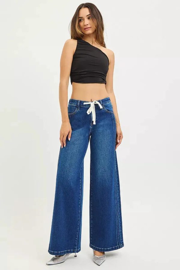 RISEN Full Size Mid Rise Wide Side Pintuck Jeans with Front Drawstring Plus Size