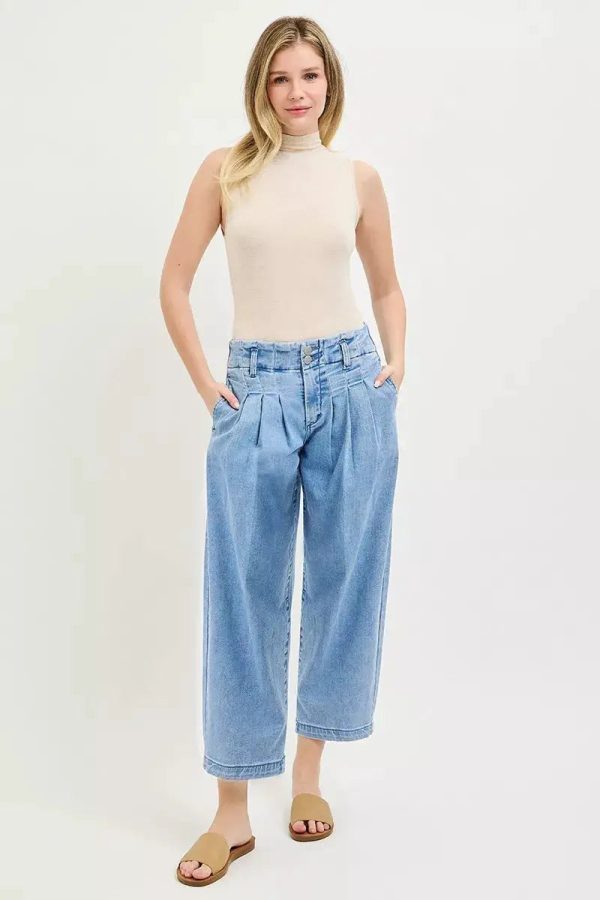 RISEN Slouchy Crop Barrel Pleated Jeans