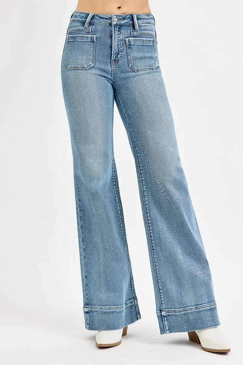 RISEN Full Size High Rise Wide Flare Patch Pocket Jeans Plus Size - Image 1
