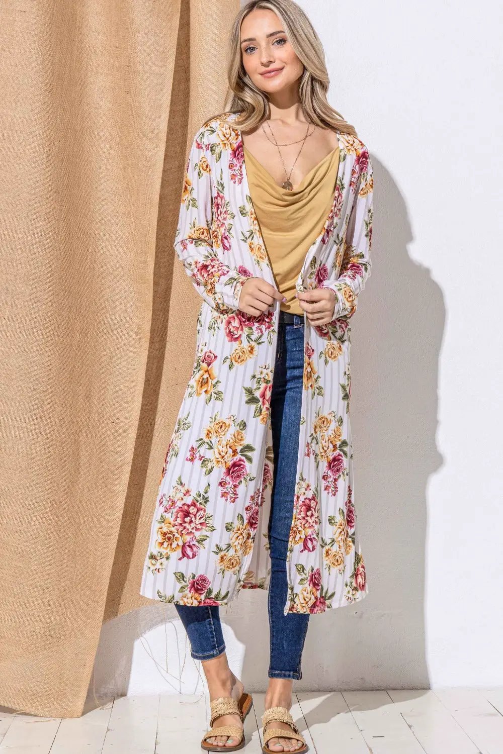 And The Why Floral Kimono Open Front Longline Cardigan - Image 1