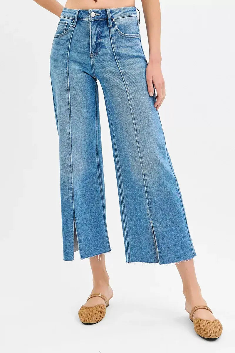 RISEN Tummy Control Mid Rise Crop Wide Front Slit Jeans - Image 3