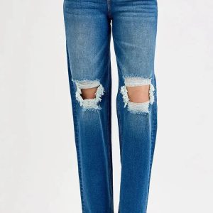 RISEN Full Size Mid Waist Fit Boyfriend Knee Distressed Jeans Plus Size - Image 2