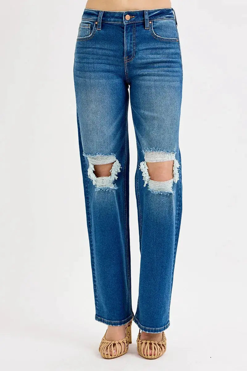 RISEN Full Size Mid Waist Fit Boyfriend Knee Distressed Jeans Plus Size - Image 2