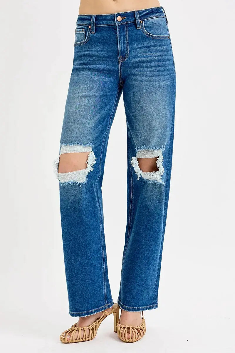 RISEN Full Size Mid Waist Fit Boyfriend Knee Distressed Jeans Plus Size - Image 3