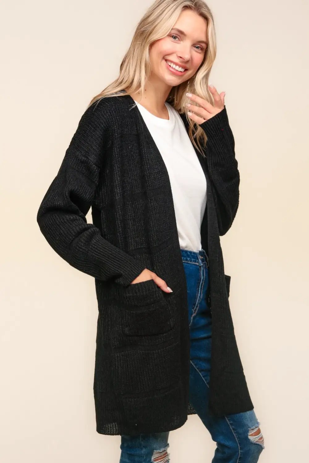 Haptics Stripe Textured Open Front Cardigan with Pockets - Image 2