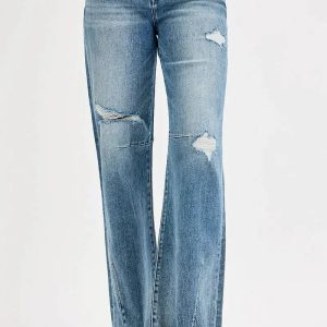 RISEN Full Size Mid Rise Fit Wide Baggy Leg Tie Washed Jeans Plus Size - Image 3
