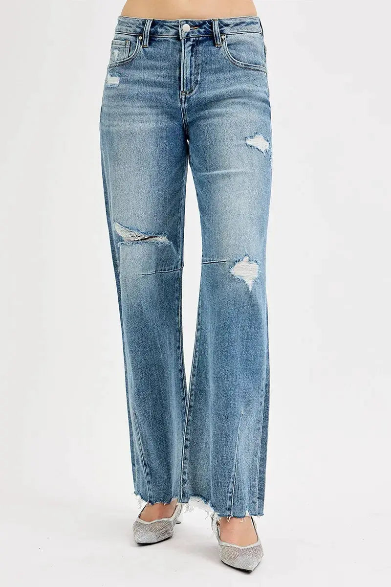 RISEN Full Size Mid Rise Fit Wide Baggy Leg Tie Washed Jeans Plus Size - Image 3