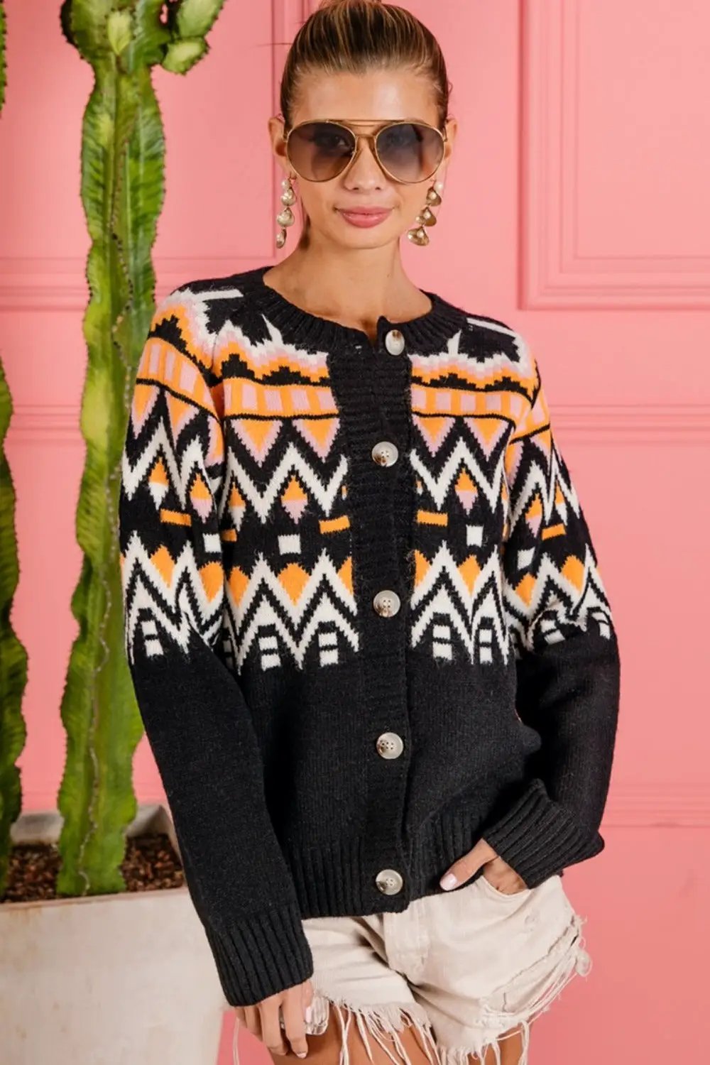 BiBi Ethnic Pattern Button Up Knit Cardigan - Image 1