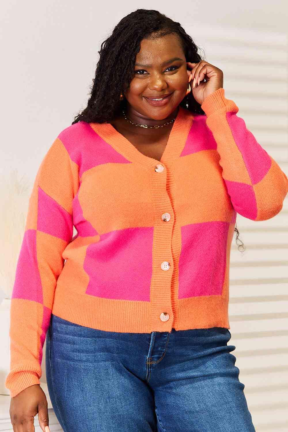 Woven Right Checkered V-Neck Dropped Shoulder Cardigan - Image 1
