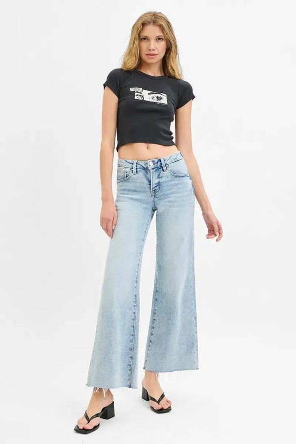 RISEN Full Size Tummy Control Low Rise Wide Leg Raw Cut Hem Jeans Plus Size