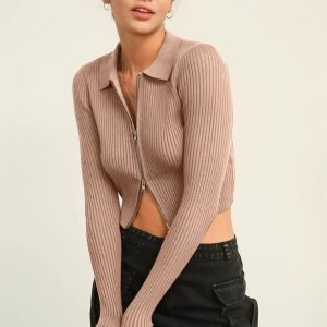 HYFVE Ribbed Double Zip Cropped Cardigan - Image 1