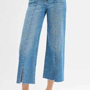 RISEN Tummy Control Mid Rise Crop Wide Front Slit Jeans - Image 1