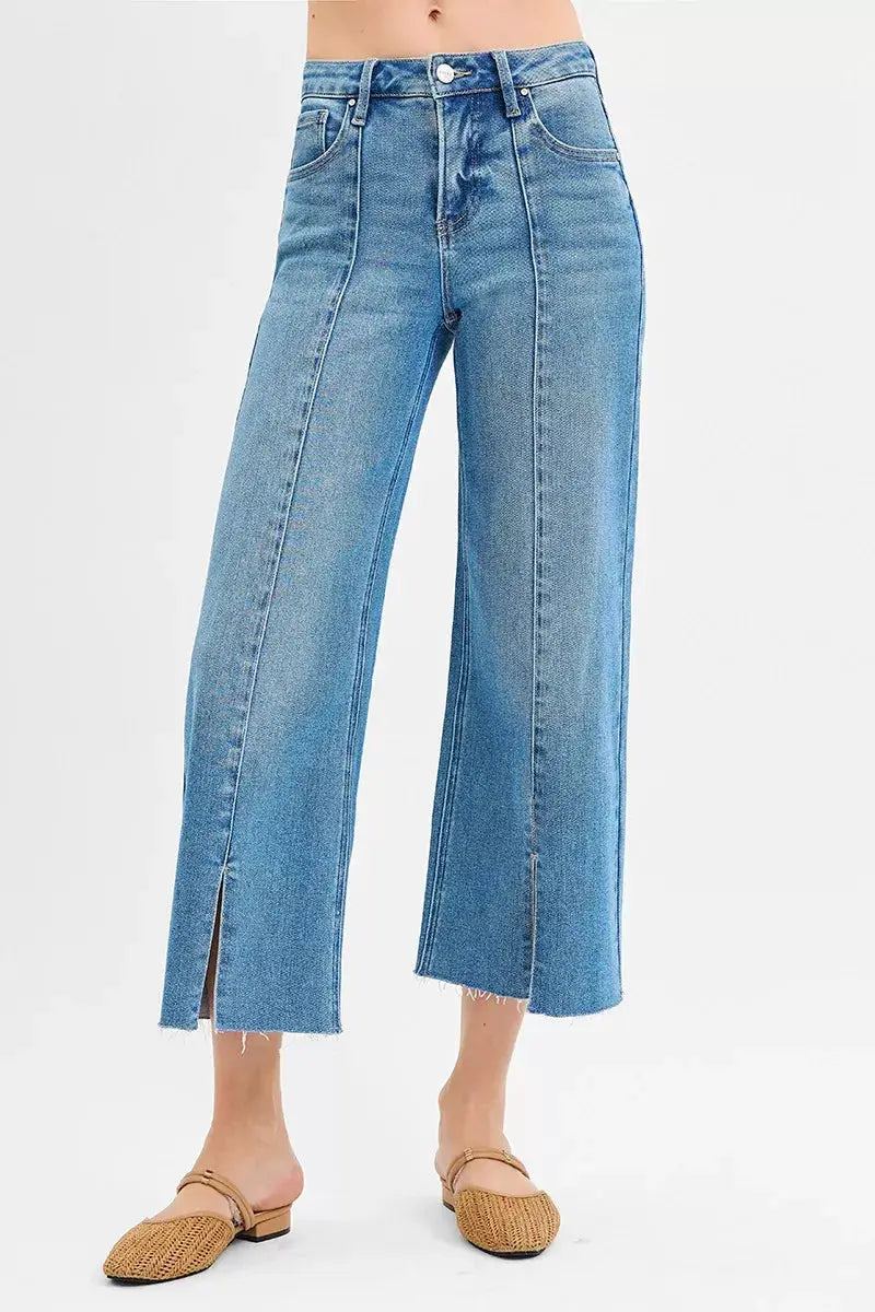 RISEN Tummy Control Mid Rise Crop Wide Front Slit Jeans - Image 1