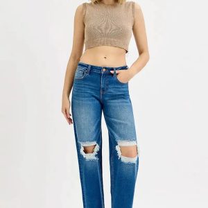 RISEN Full Size Mid Waist Fit Boyfriend Knee Distressed Jeans Plus Size - Image 6