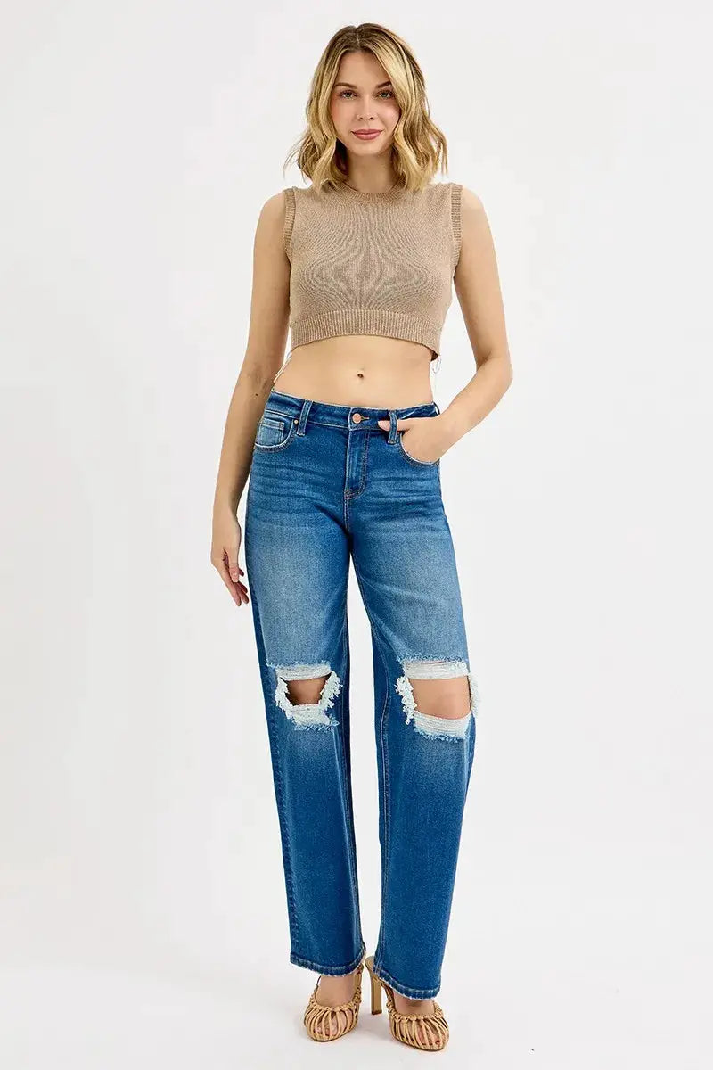 RISEN Full Size Mid Waist Fit Boyfriend Knee Distressed Jeans Plus Size - Image 6