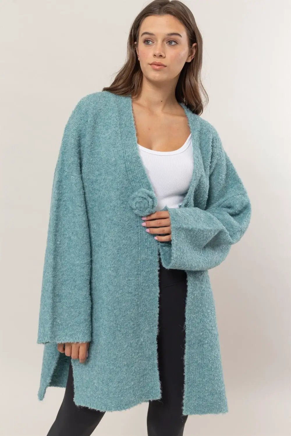 HYFVE Front Rosette Longline Slit Sweater Cardigan - Image 1