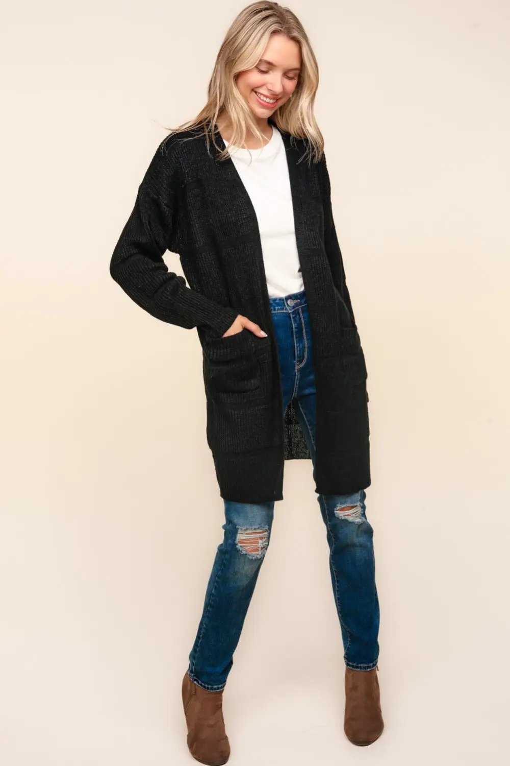 Haptics Stripe Textured Open Front Cardigan with Pockets - Image 4