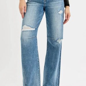 RISEN Full Size Mid Rise Fit Wide Baggy Leg Tie Washed Jeans Plus Size - Image 1