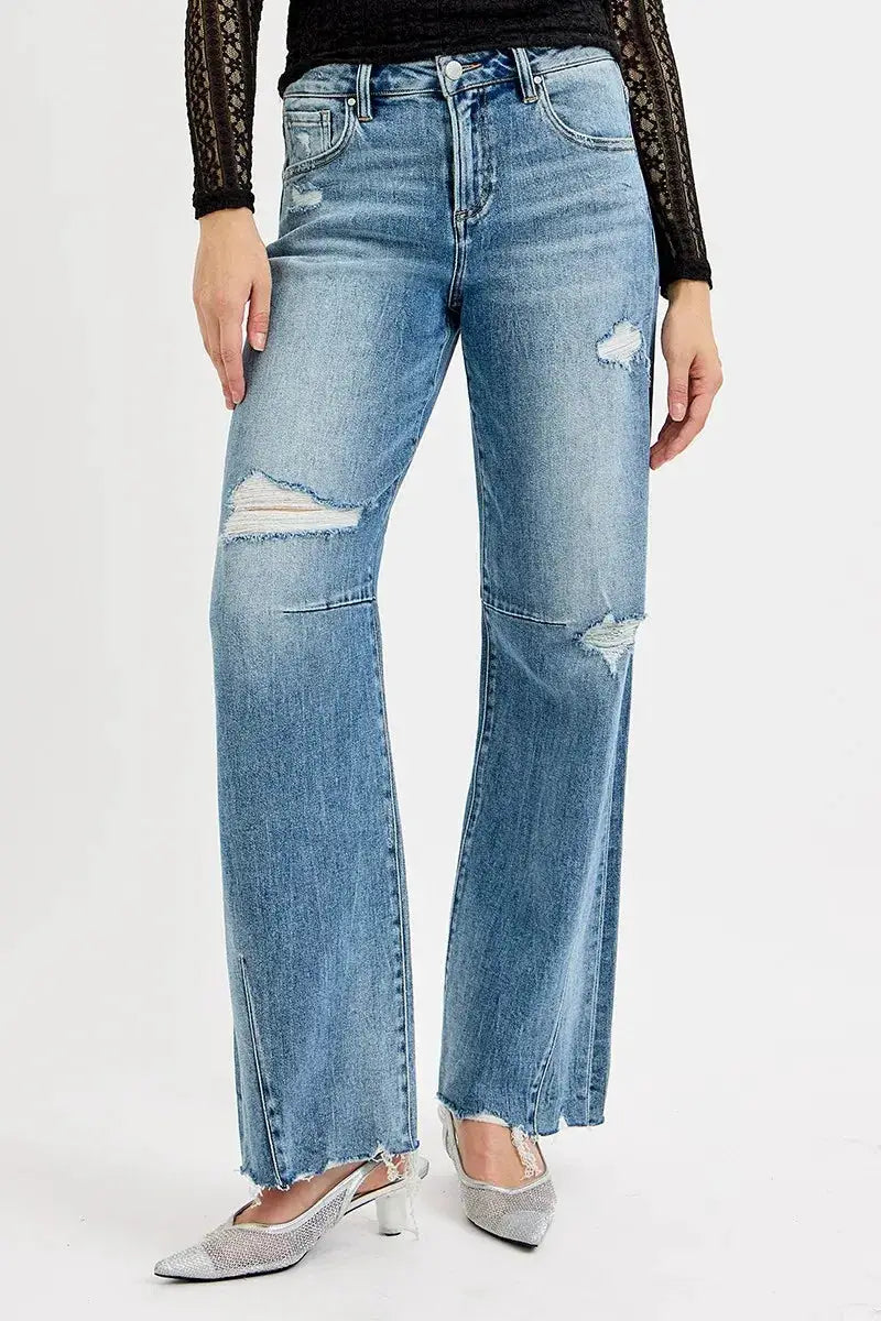 RISEN Full Size Mid Rise Fit Wide Baggy Leg Tie Washed Jeans Plus Size - Image 1