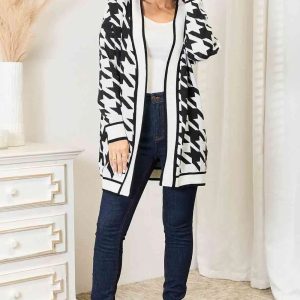 Woven Right Houndstooth Open Front Longline Cardigan - Image 4