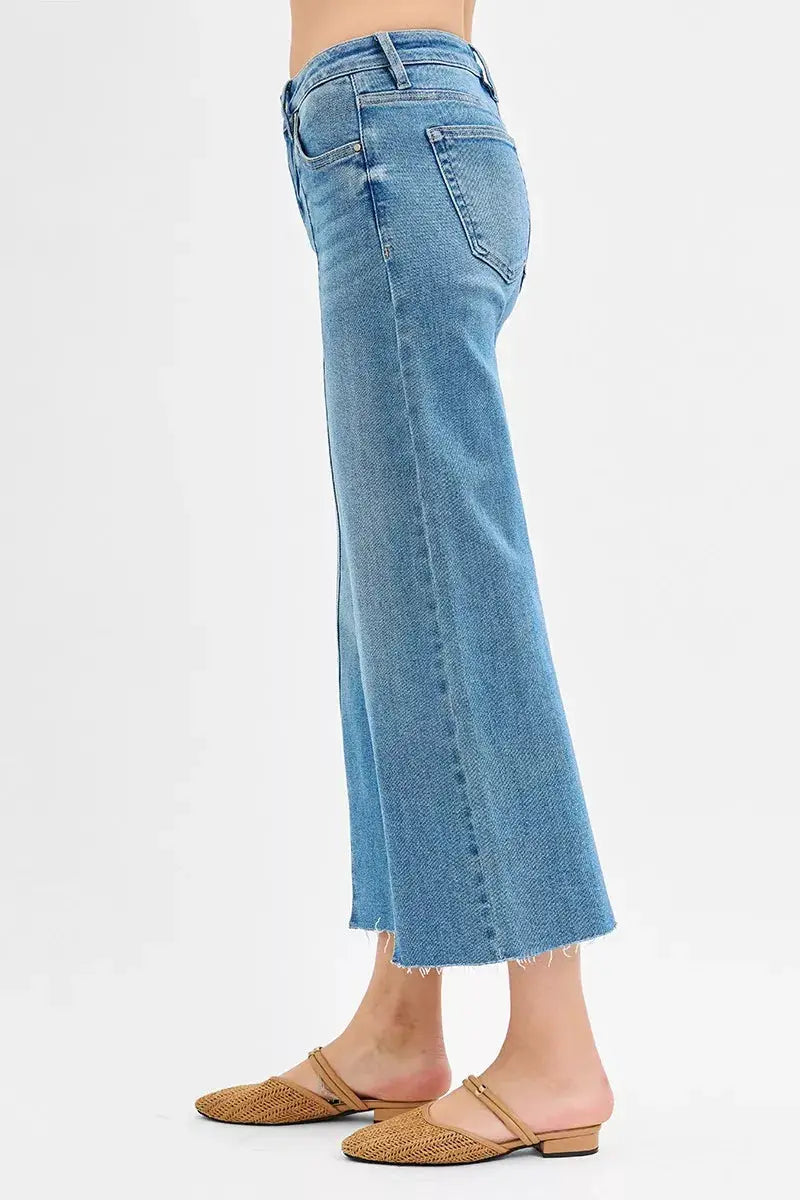 RISEN Tummy Control Mid Rise Crop Wide Front Slit Jeans - Image 4