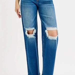 RISEN Full Size Mid Waist Fit Boyfriend Knee Distressed Jeans Plus Size - Image 1