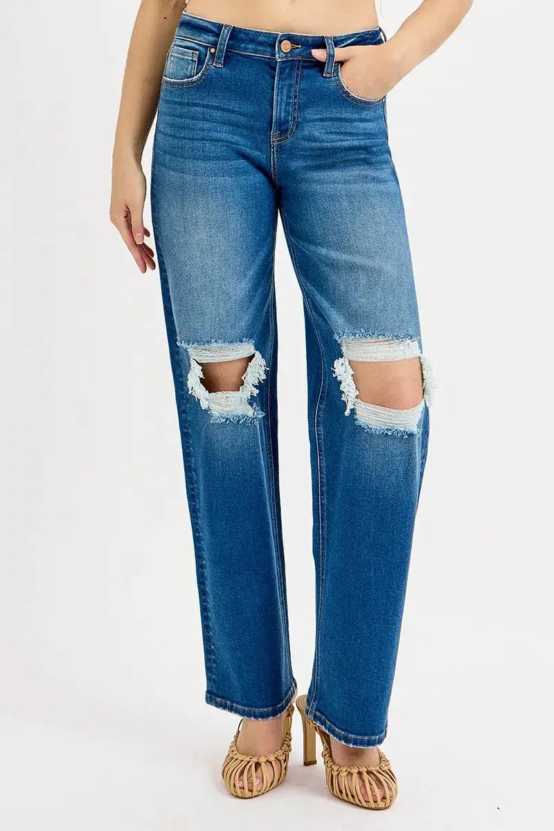 RISEN Full Size Mid Waist Fit Boyfriend Knee Distressed Jeans Plus Size - Image 1