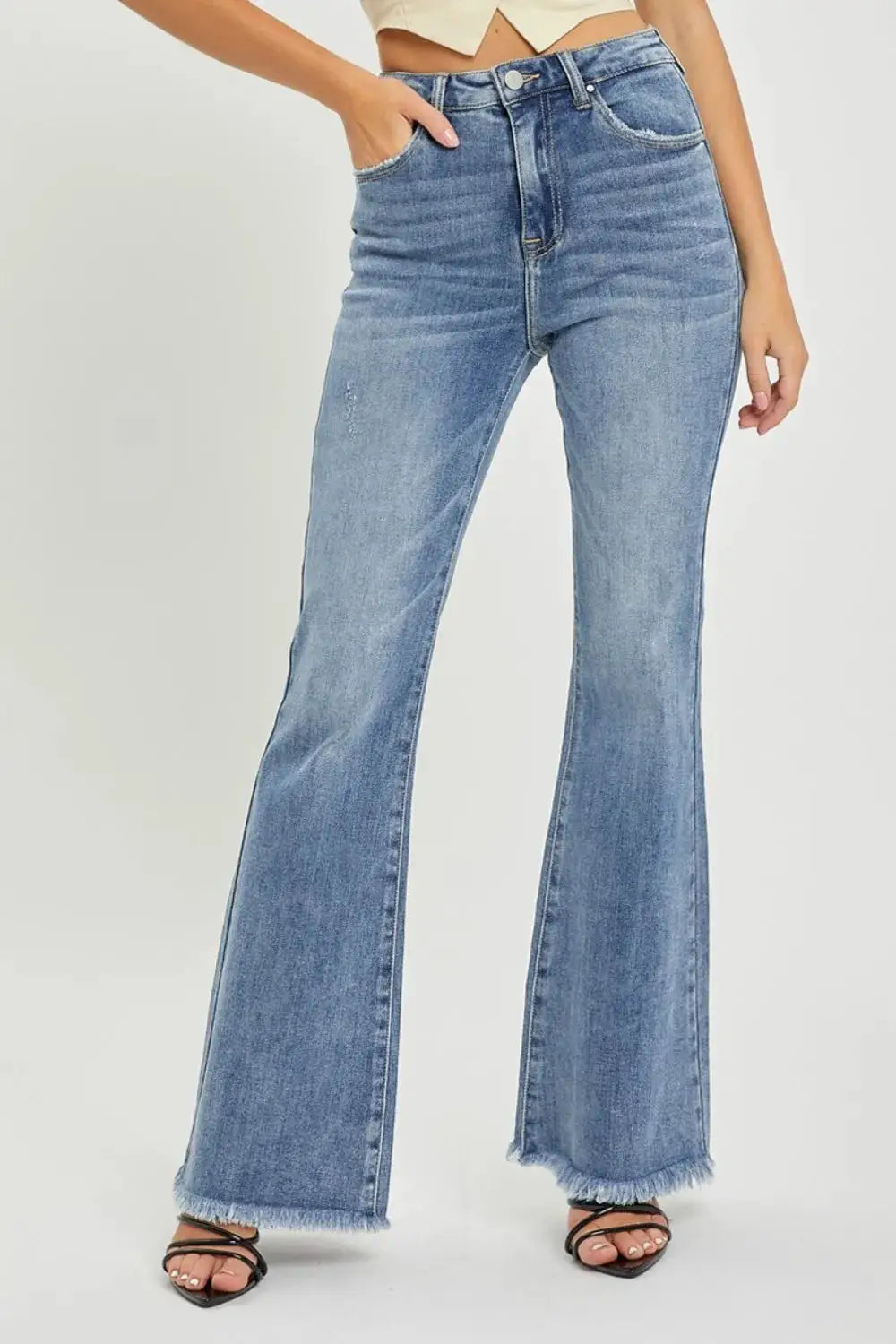 RISEN Full Size High Waist Raw Hem Flare Jeans - Image 1