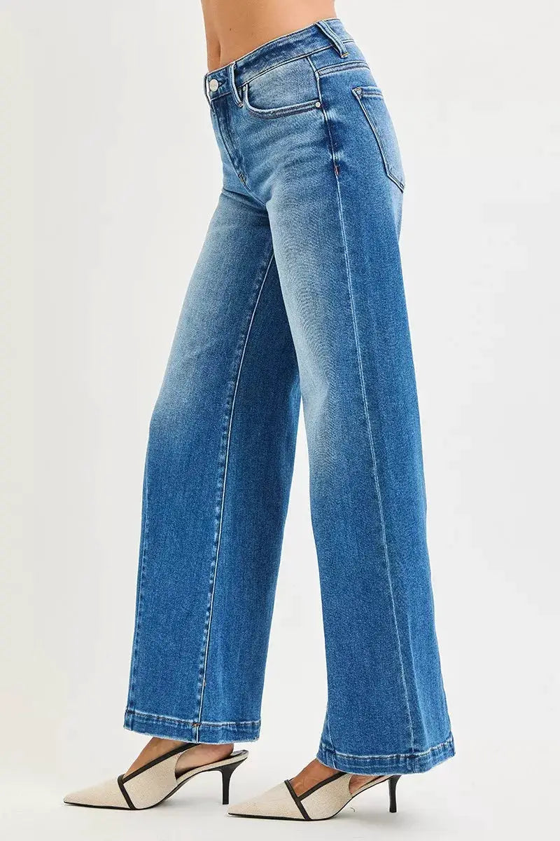 RISEN Full Size Mid Rise Wide Leg Jeans with Flared Look Plus Size - Image 4