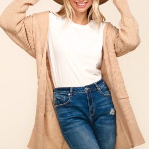 Haptics Stripe Textured Open Front Cardigan with Pockets - Image 1