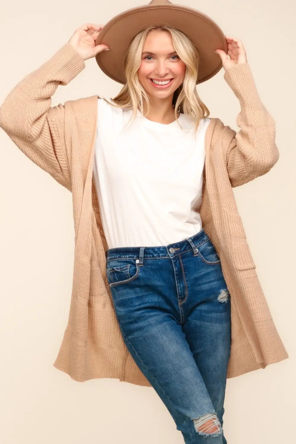 Haptics Stripe Textured Open Front Cardigan with Pockets - Image 1