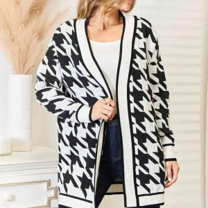 Woven Right Houndstooth Open Front Longline Cardigan - Image 1