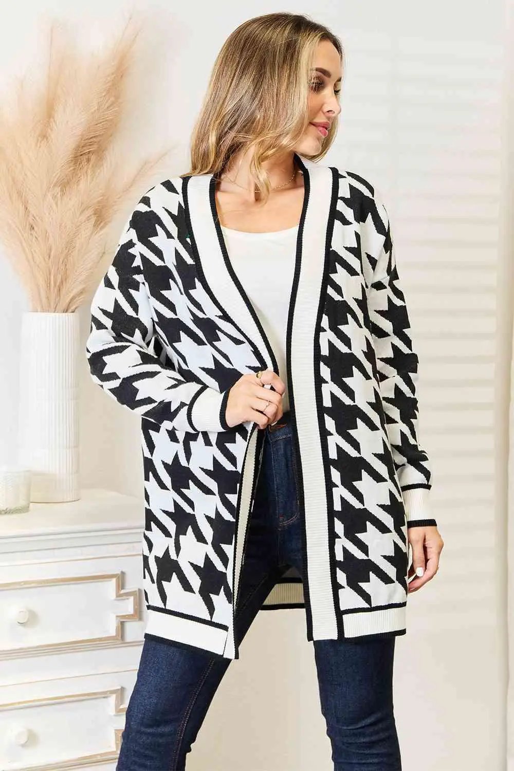 Woven Right Houndstooth Open Front Longline Cardigan - Image 1