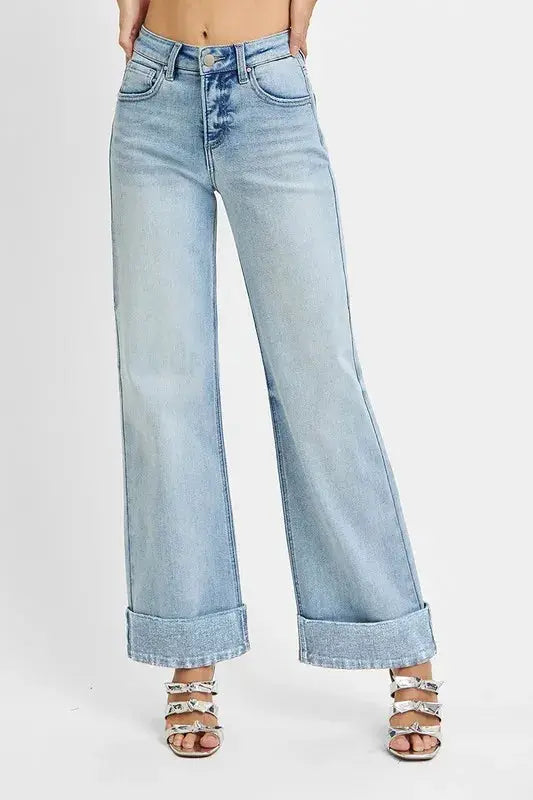 RISEN Full Size Tummy Control High Rise Ankle Wide Cuffed Jeans Plus Size