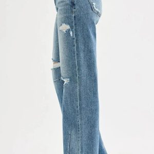 RISEN Full Size Mid Rise Fit Wide Baggy Leg Tie Washed Jeans Plus Size - Image 4