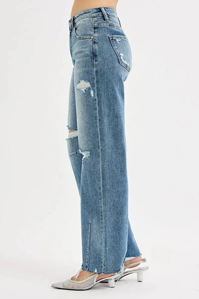 RISEN Full Size Mid Rise Fit Wide Baggy Leg Tie Washed Jeans Plus Size - Image 4