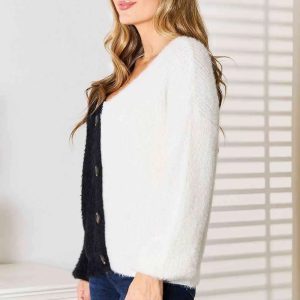 Woven Right Contrast Button-Front V-Neck Cardigan - Image 8