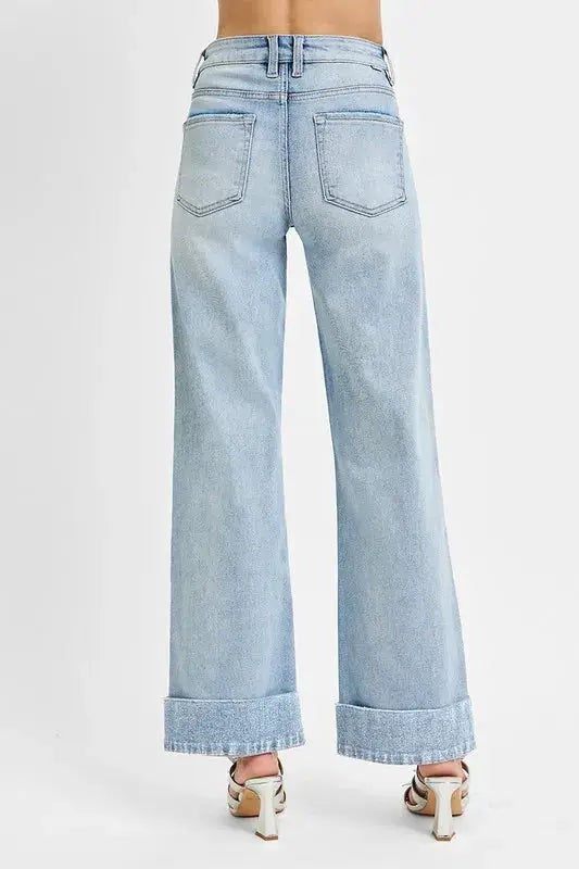 RISEN Full Size Tummy Control High Rise Ankle Wide Cuffed Jeans Plus Size