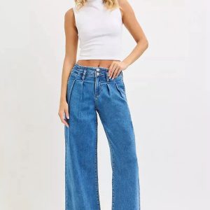 RISEN Full Size Mid Rise Fit Wide Leg with Pleated Detail Jeans Plus Size - Image 6