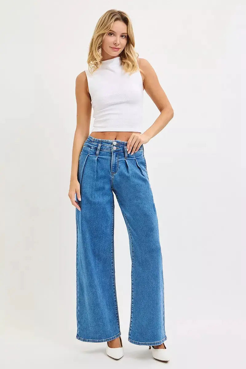 RISEN Full Size Mid Rise Fit Wide Leg with Pleated Detail Jeans Plus Size - Image 6