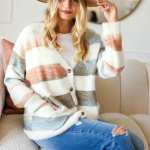 Haptics Full Size Button Down Stripe Soft Fuzzy Sweater Cardigan - Image 5