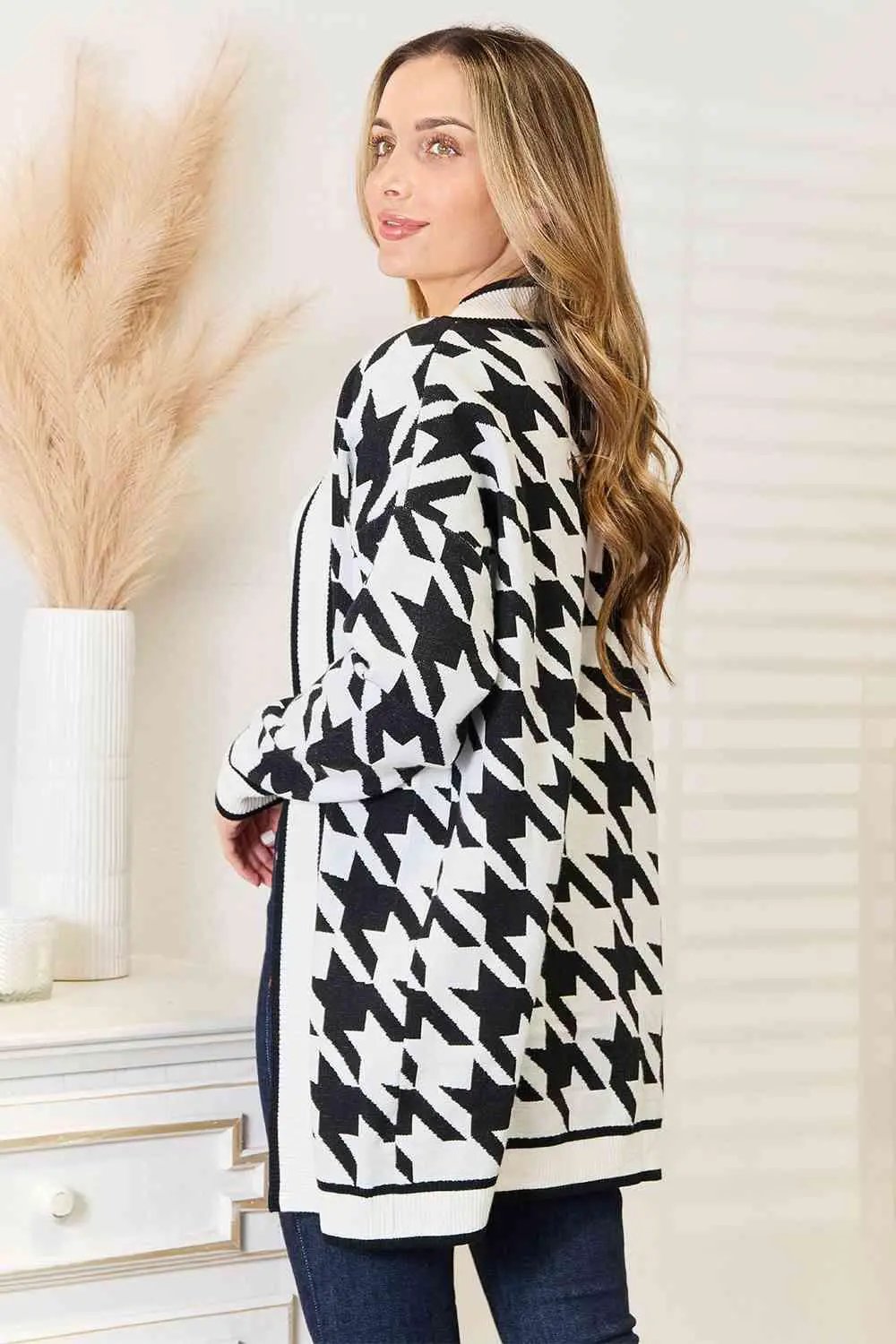 Woven Right Houndstooth Open Front Longline Cardigan - Image 2