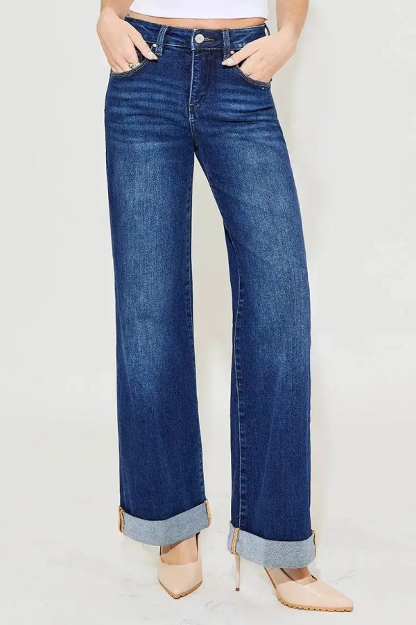 RISEN Full Size Tummy Control High Rise Wide Leg Cuffed Jeans Plus Size