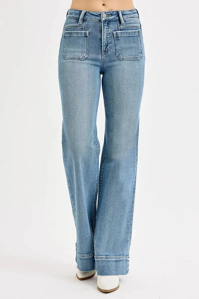 RISEN Full Size High Rise Wide Flare Patch Pocket Jeans Plus Size - Image 3