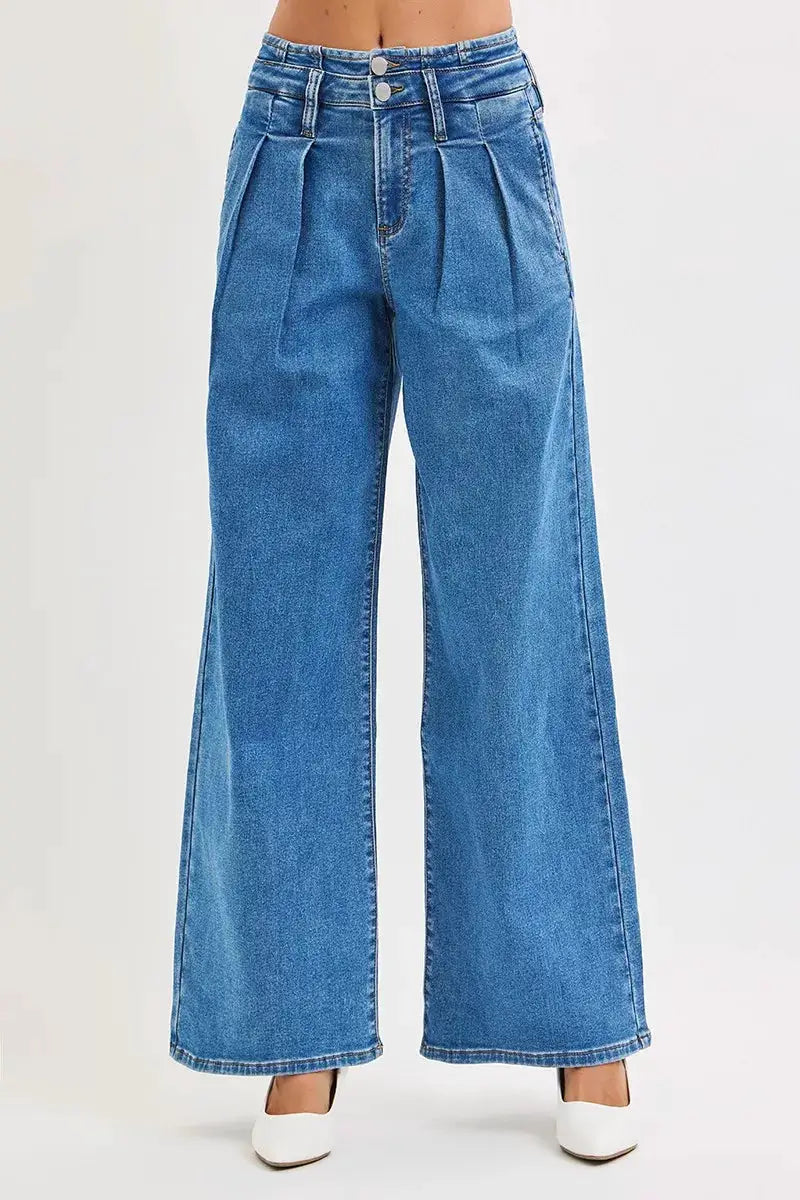 RISEN Full Size Mid Rise Fit Wide Leg with Pleated Detail Jeans Plus Size - Image 3
